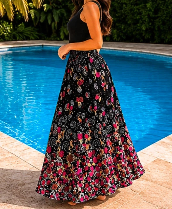 Jupe longue SESA – Noir & Fuchsia fleuri brodé – Neuve – bohème / été – Tendance – taille Taille unique 2