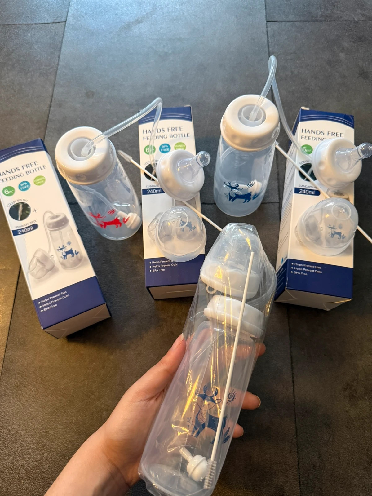Lot de 3 biberons mains libre à paille 240ml rose et/ou bleu