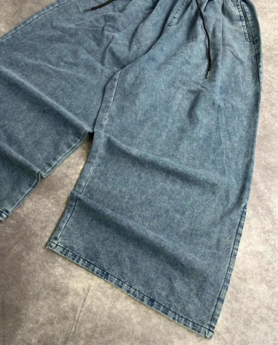 Joggers Denim Blue Acid Wash Baggy Wide Leg Trousers Elastic Waist Side Slit Hem🌺 – Vintage Dressing – taille S / 36 / 8 3