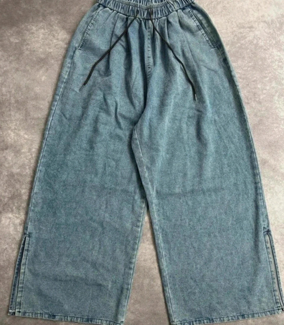 Joggers Denim Blue Acid Wash Baggy Wide Leg Trousers Elastic Waist Side Slit Hem🌺 – Vintage Dressing – taille S / 36 / 8 2