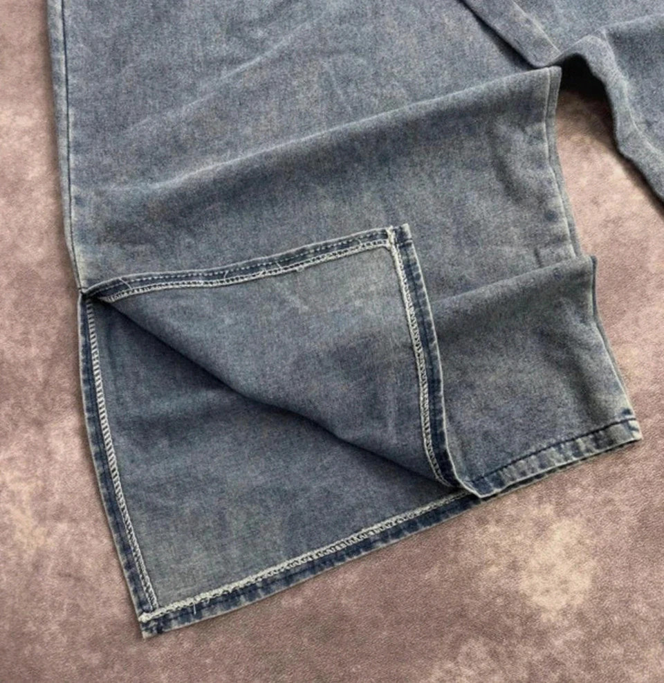 Joggers Denim Blue Acid Wash Baggy Wide Leg Trousers Elastic Waist Side Slit Hem🌺 – Vintage Dressing – taille S / 36 / 8 5