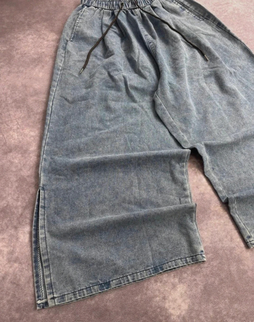 Joggers Denim Blue Acid Wash Baggy Wide Leg Trousers Elastic Waist Side Slit Hem🌺 – Vintage Dressing – taille S / 36 / 8 4