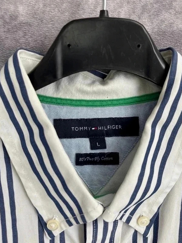 Tommy Hilfiger Long Sleeve Mens Button Down Striped Classic Fit Cotton Shirt Blue White Large🌺 – Tommy Hilfiger – taille L 5