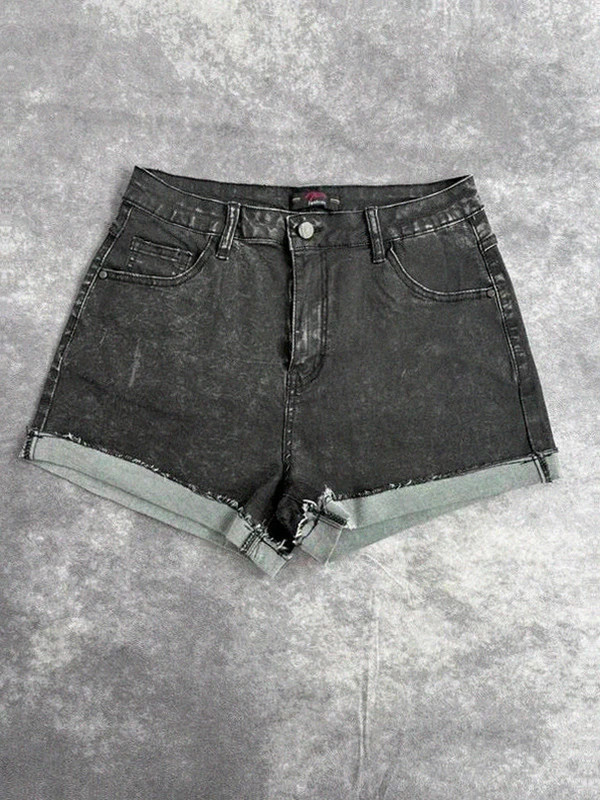 Denim shorts high waist black vintage frayed washed raw hem streetwear🌺