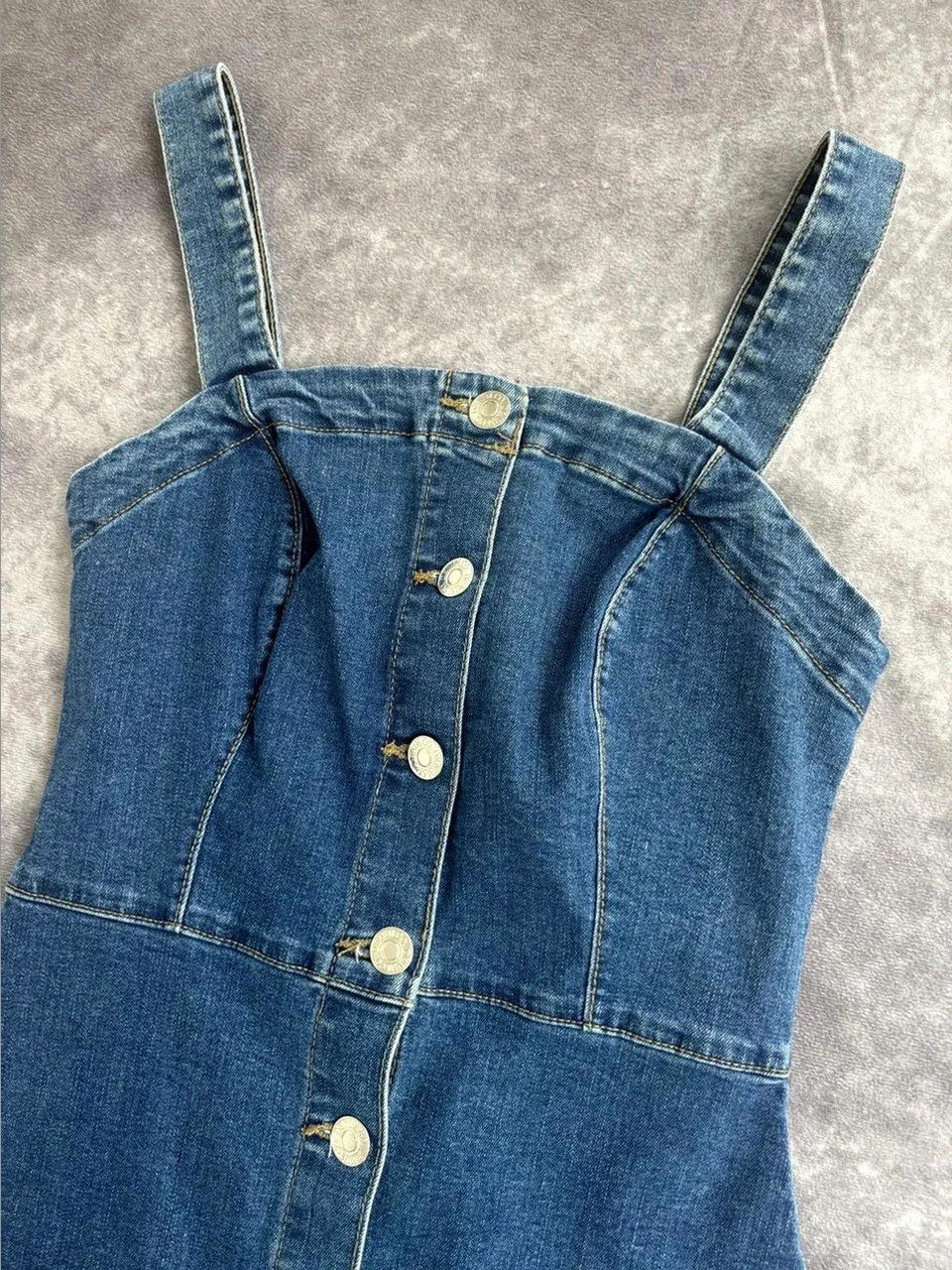 Pinafore Denim Dress Blue Button Down Front Casual Midi Sleeveless Woman Summer🌺 – Japan Style – taille S / 36 / 8 4