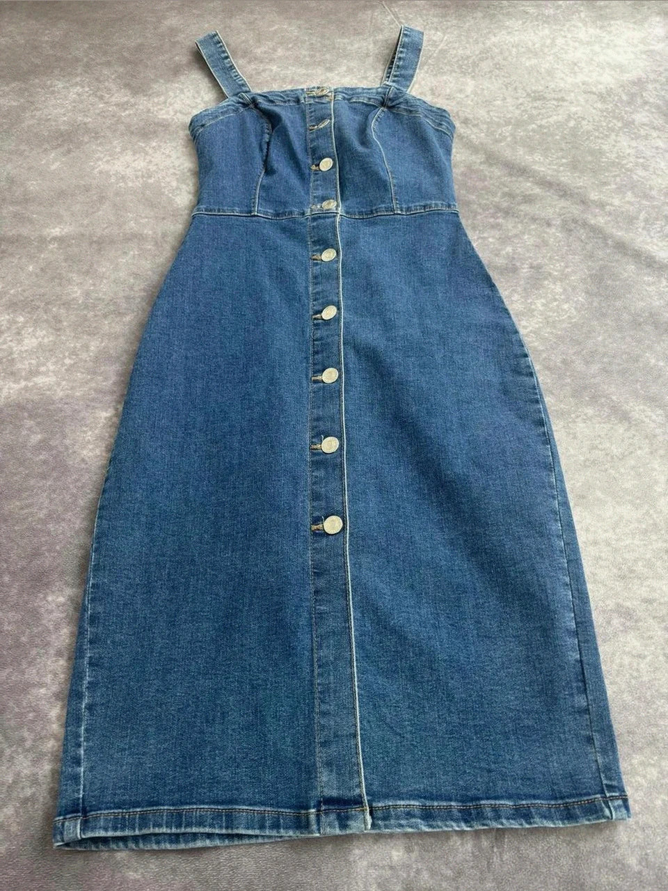 Pinafore Denim Dress Blue Button Down Front Casual Midi Sleeveless Woman Summer🌺