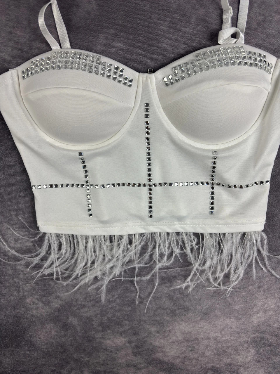 White Rhinestone Feather Bustier Crop Top Y2K Party Glam New Collection – Vintage Dressing – taille Taille unique 5
