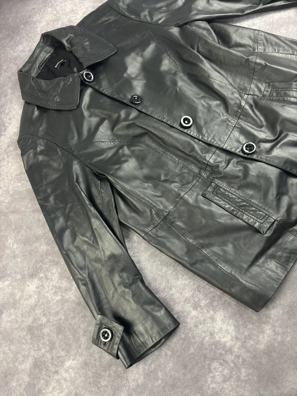 Original Samoon Collection Black Leather Coat Retro Streetwear Y2K Size L – Vintage Dressing – taille L 3