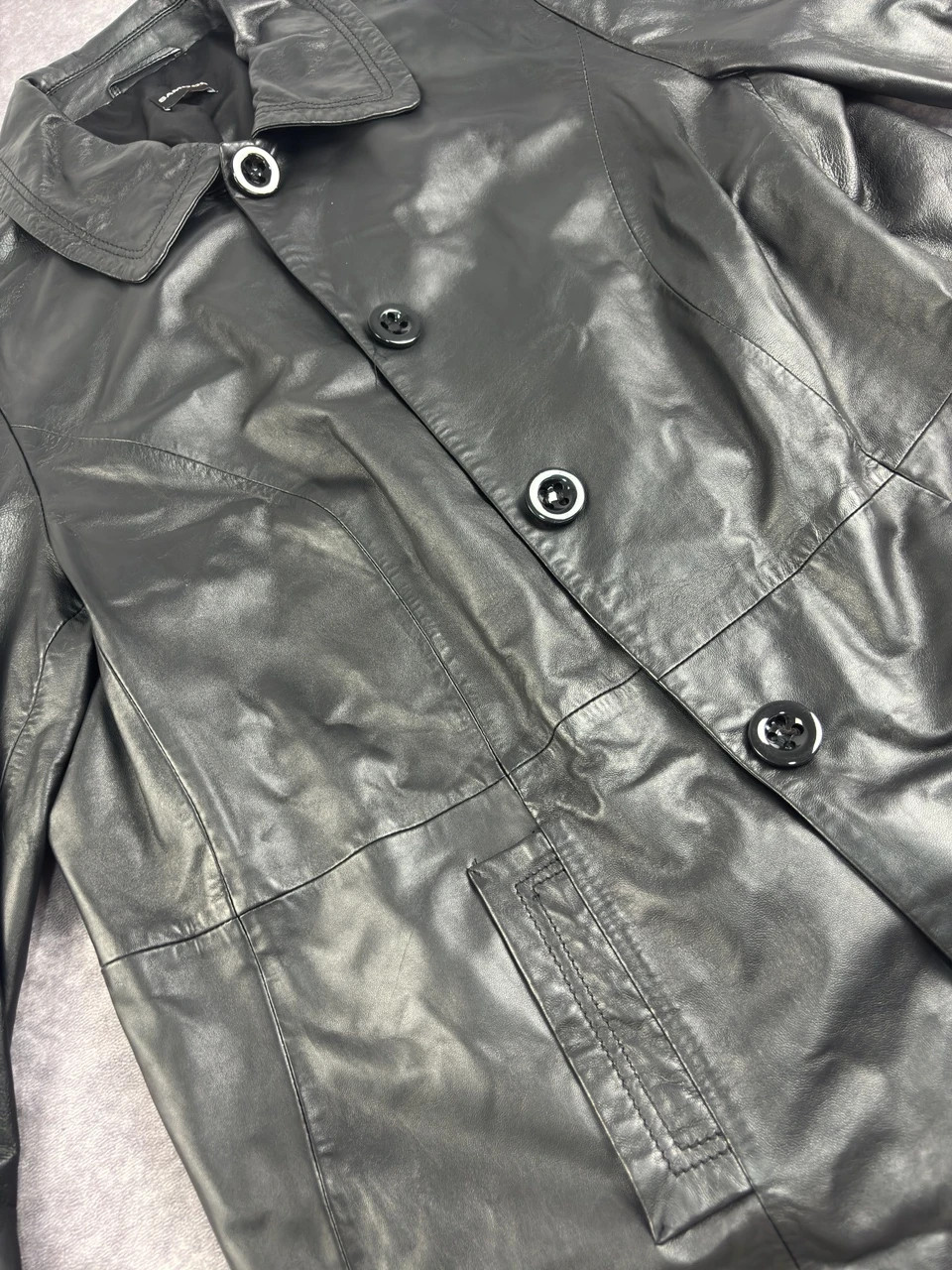 Original Samoon Collection Black Leather Coat Retro Streetwear Y2K Size L – Vintage Dressing – taille L 4
