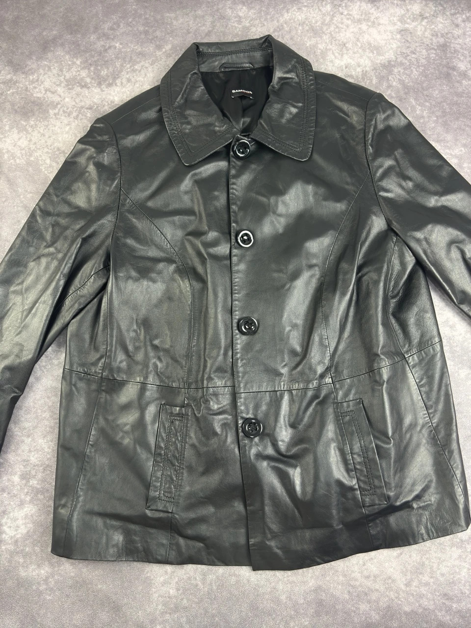 Original Samoon Collection Black Leather Coat Retro Streetwear Y2K Size L – Vintage Dressing – taille L