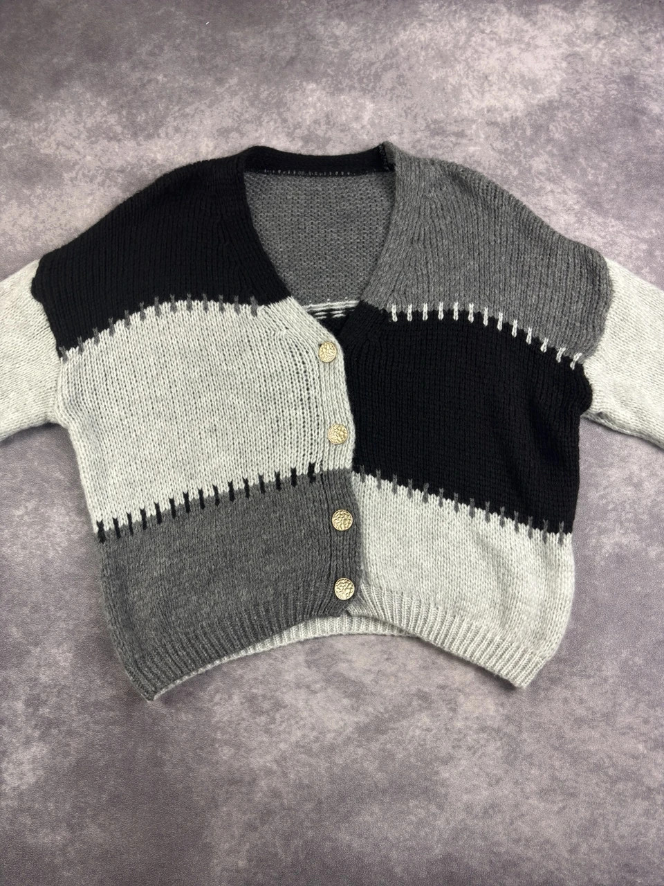 Vintage Black Grey White Geometric Knit Cardigan Button Front Y2K Retro Casual Sweater – taille Taille unique 5