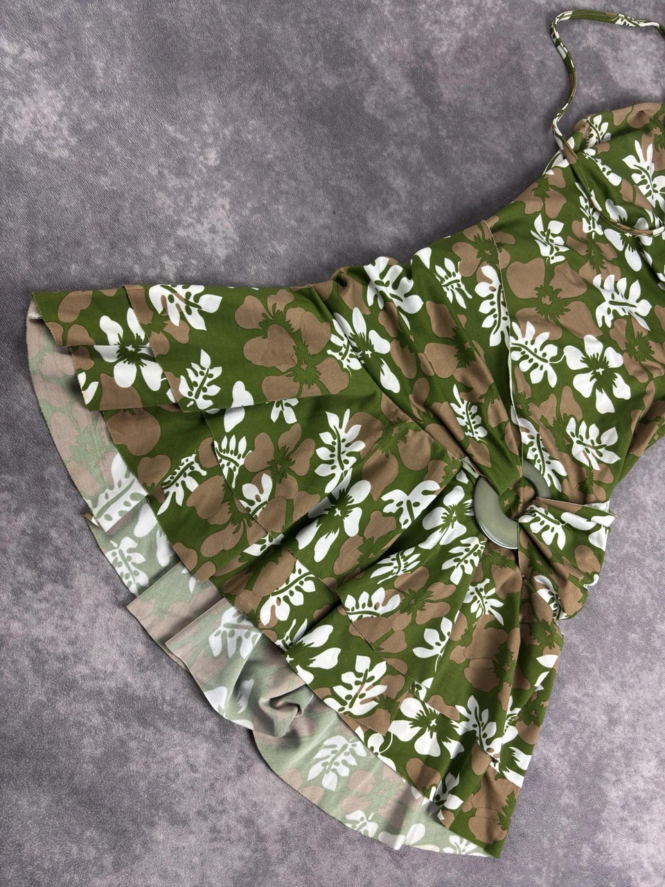 Green Floral Halter Mini Dress Y2K Ruched Ring Detail – Vintage Dressing – taille Taille unique 3