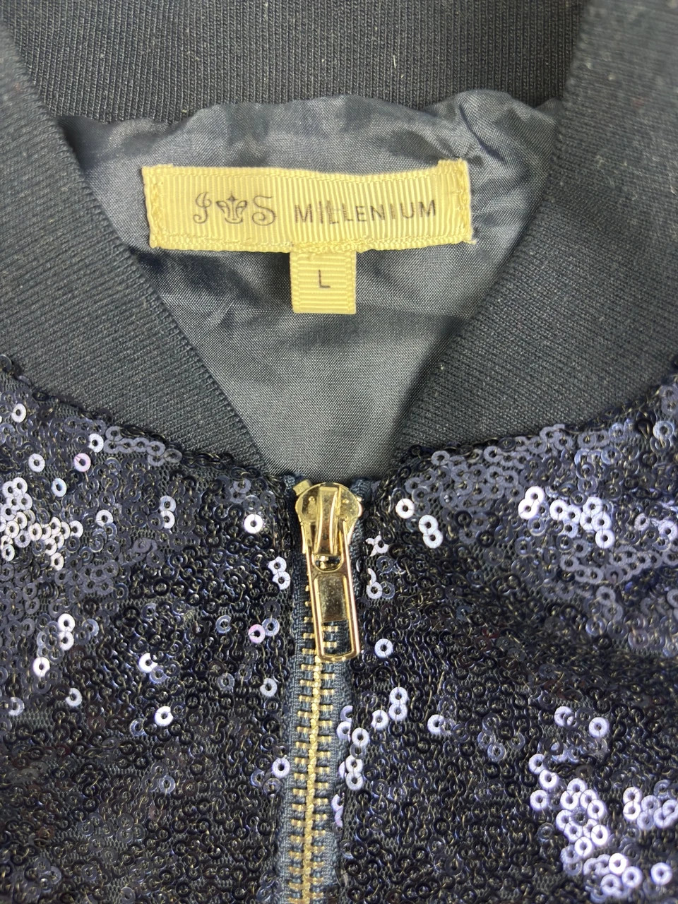 Vintage Navy Sequin Bomber Jacket Women’s L Y2K Party Streetwear Shiny Retro Zip Up – Vintage Dressing – taille L 5