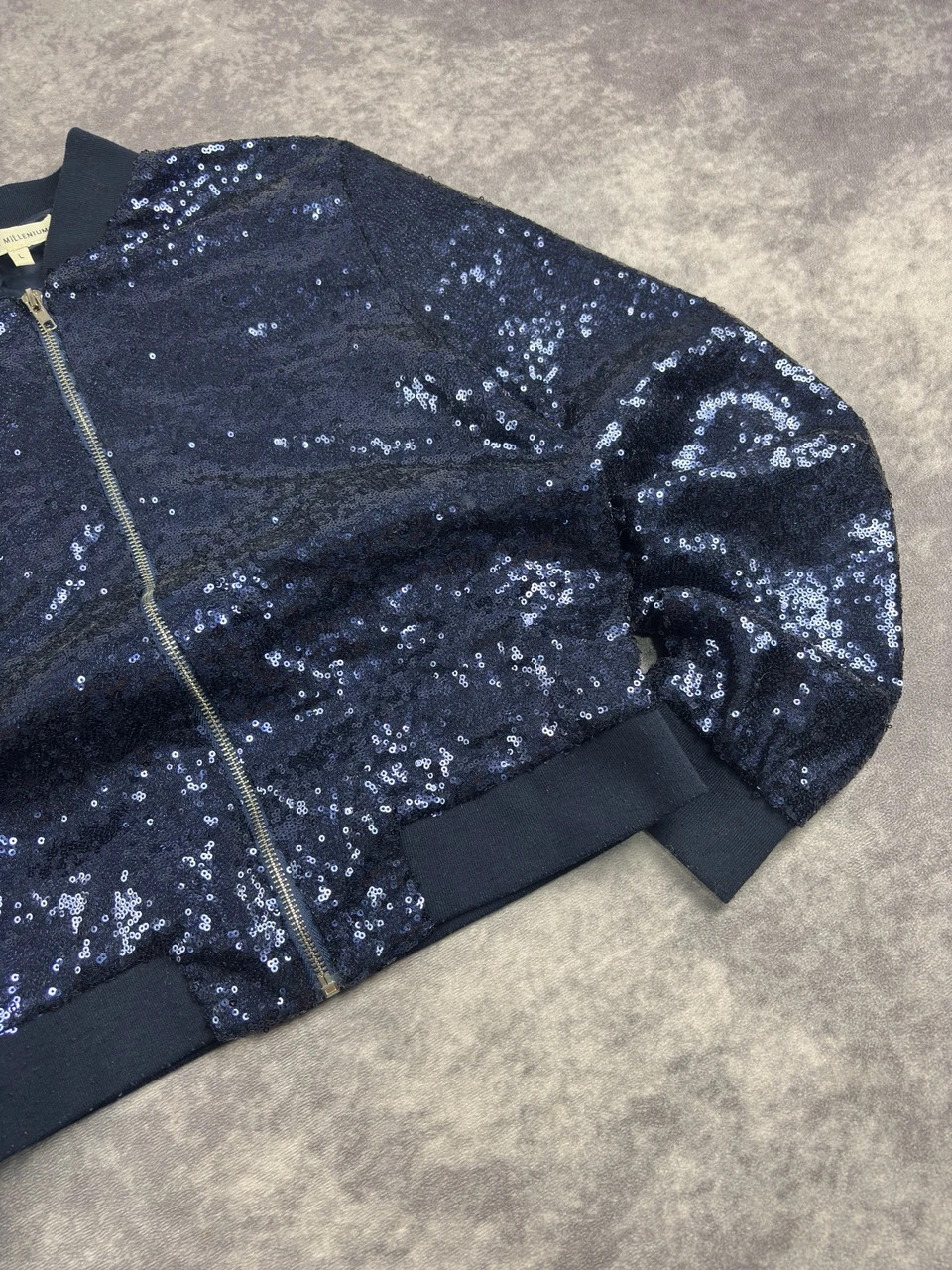 Vintage Navy Sequin Bomber Jacket Women’s L Y2K Party Streetwear Shiny Retro Zip Up – Vintage Dressing – taille L 2