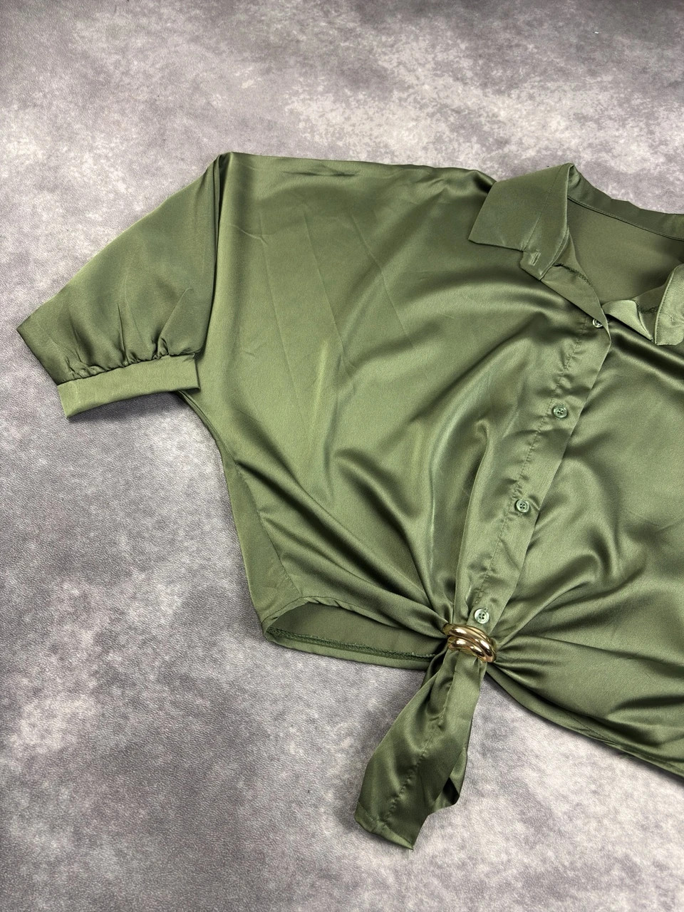 Olive Green Satin Front Knot Blouse Short Sleeve Retro Streetwear Elegant – Vintage Dressing – taille Taille unique 3