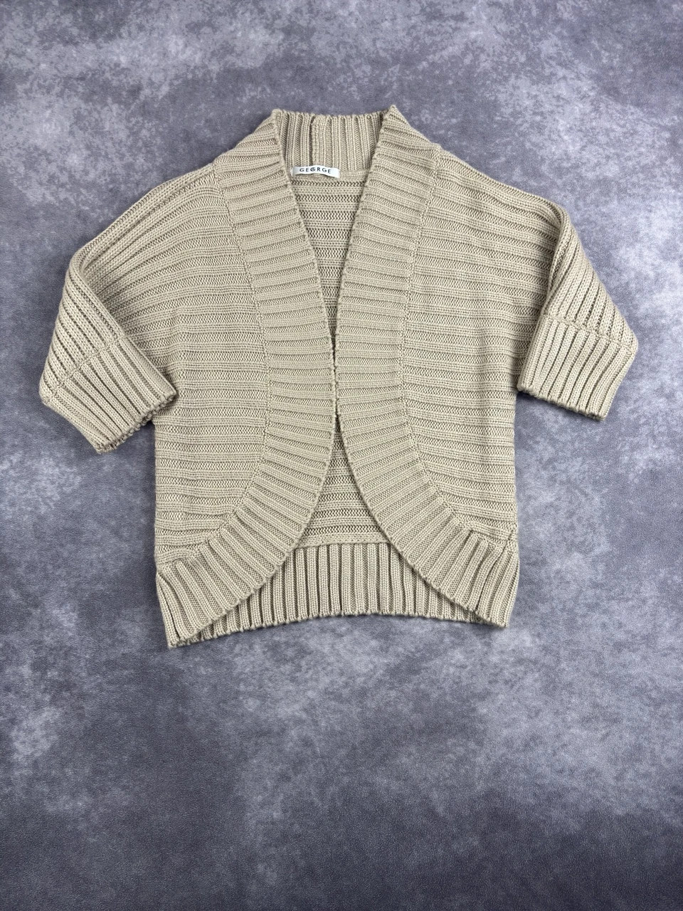 George Beige Chunky Knit Short Sleeve Cardigan Sweater Medium Retro Y2K Casual