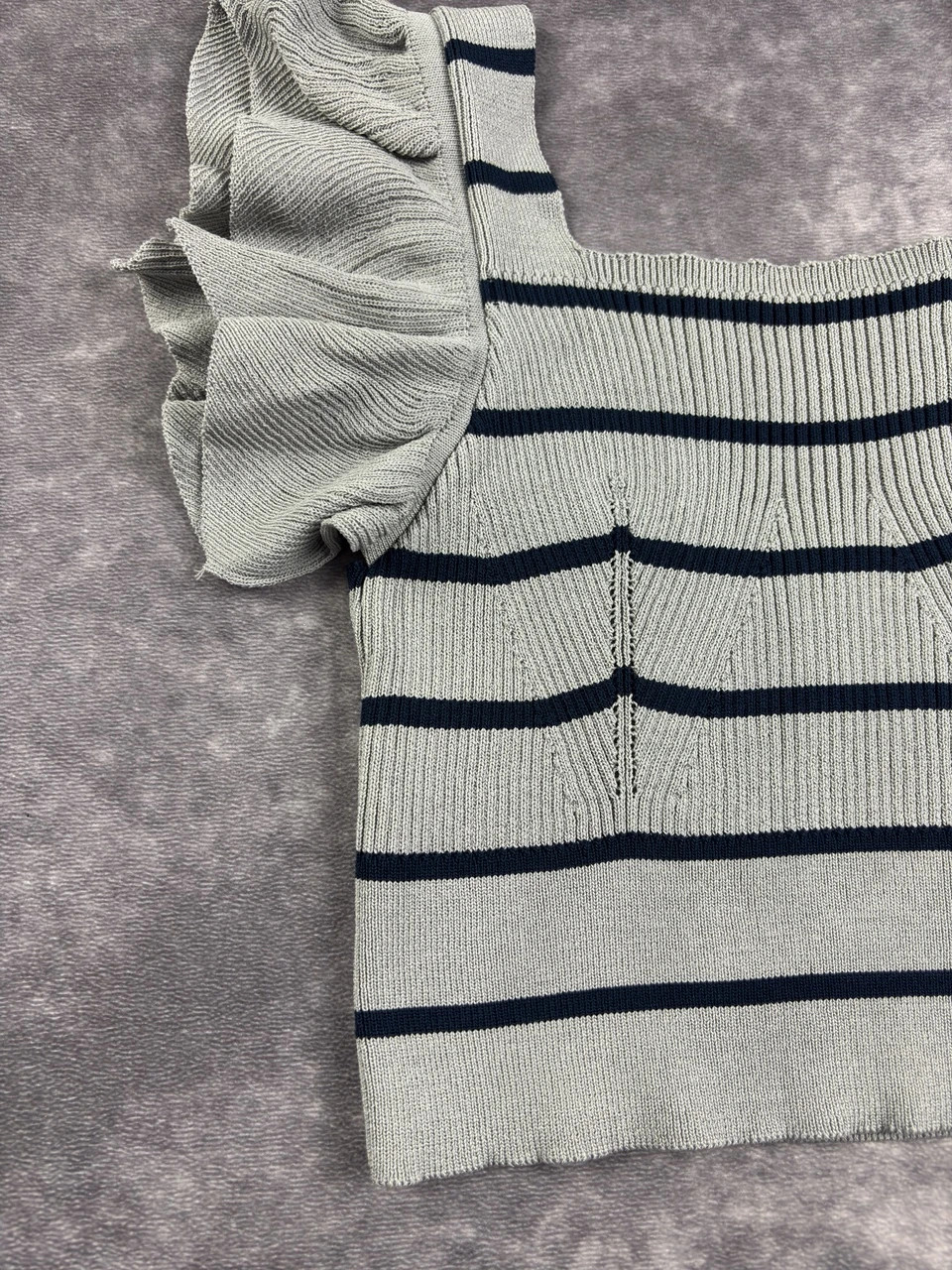 A&F Original Grey Navy Striped Puff Sleeve Knit Top Y2K Streetwear Size S – Vintage Dressing – taille Taille unique 2