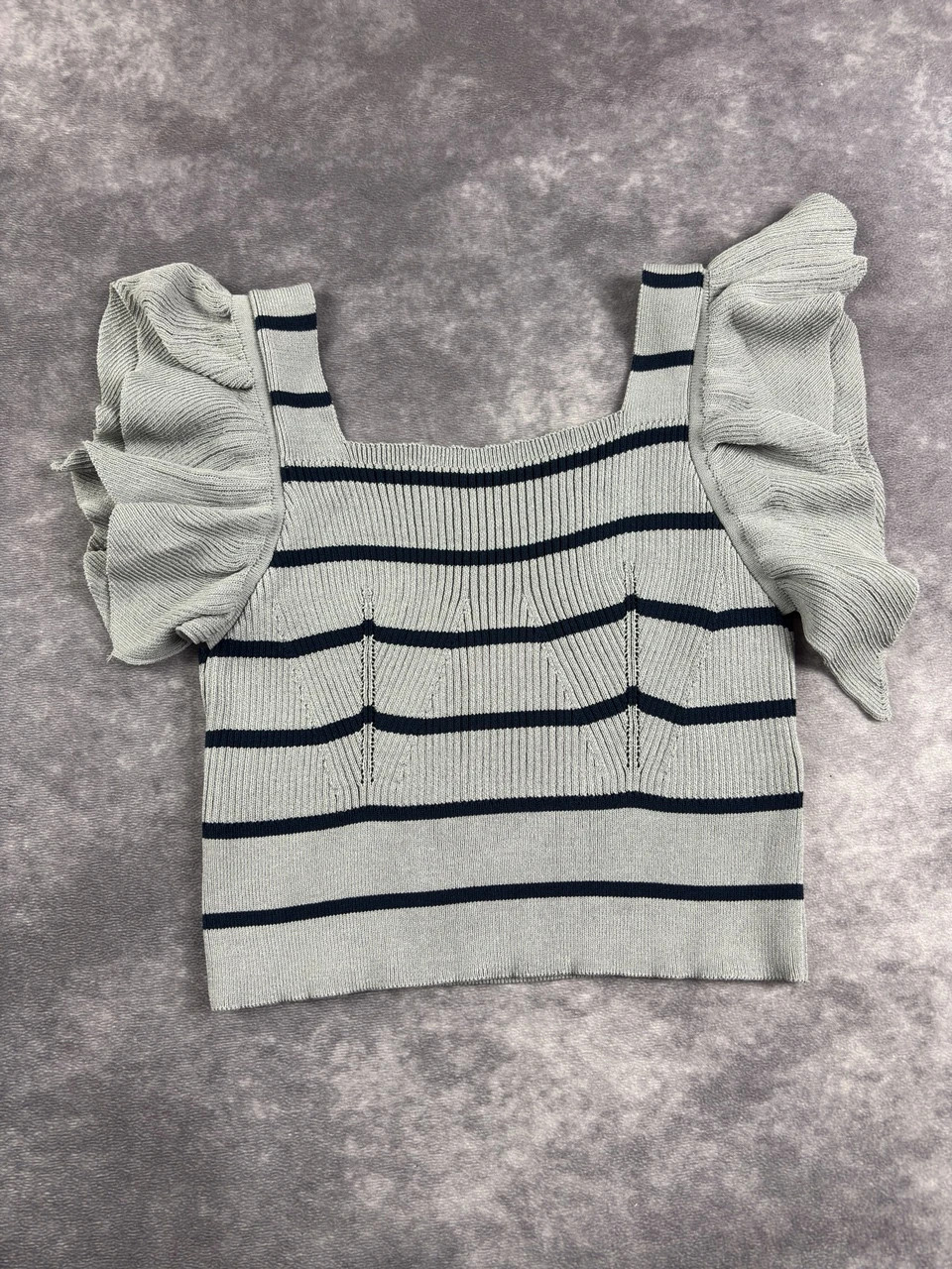 A&F Original Grey Navy Striped Puff Sleeve Knit Top Y2K Streetwear Size S – Vintage Dressing – taille Taille unique