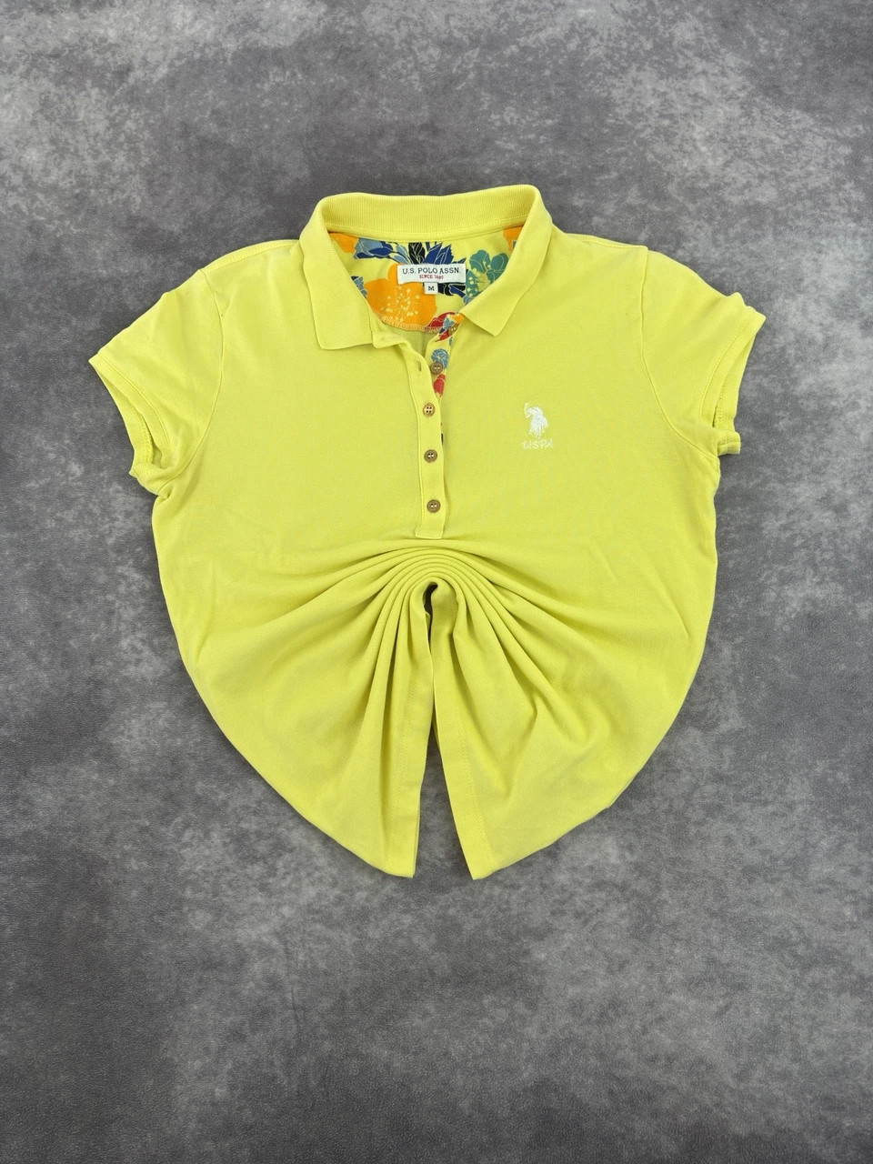 U.S. Polo Assn Yellow Floral Collar Polo Shirt Embroidered Logo Size M