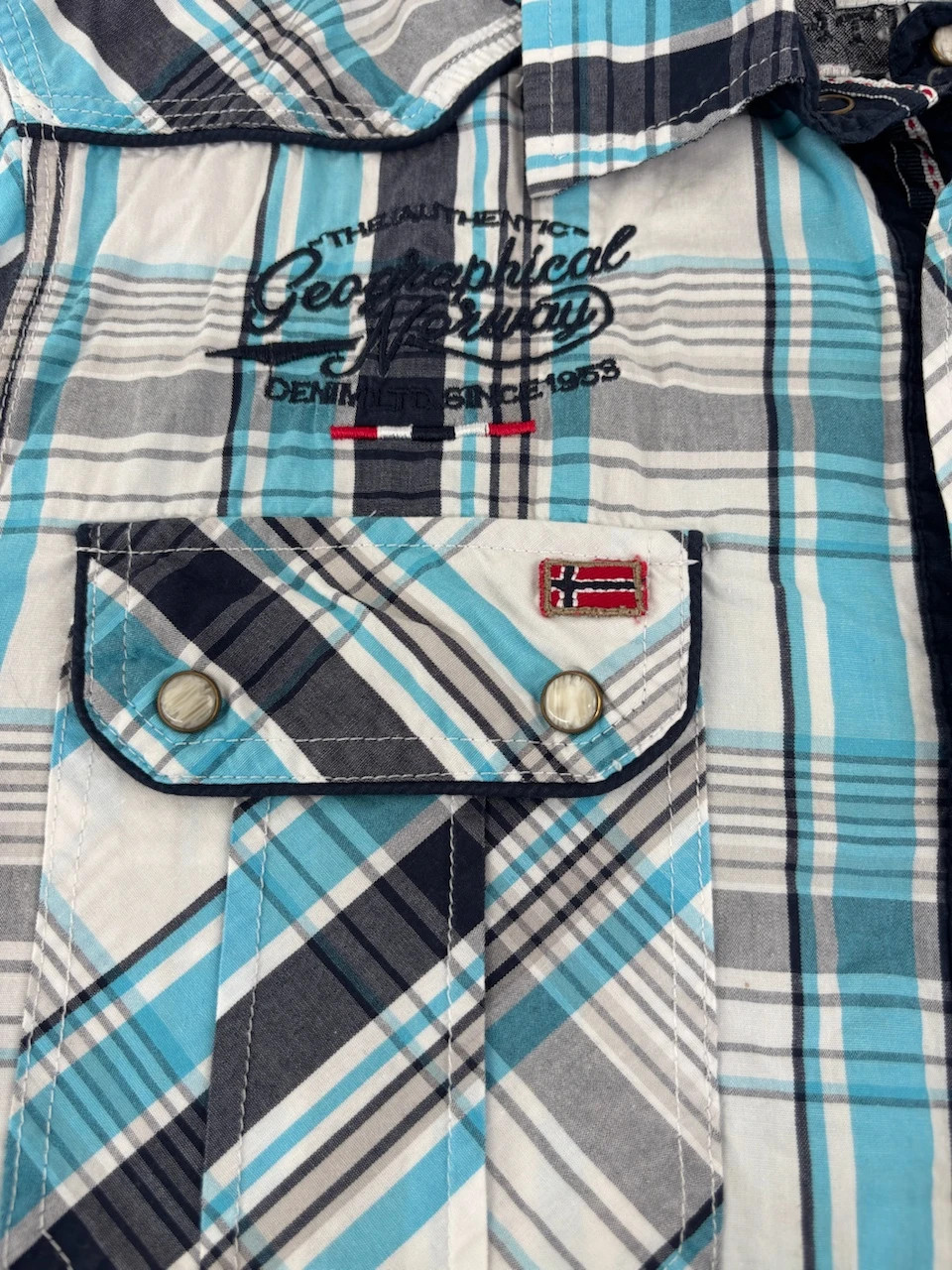 Geographical Norway Plaid Short Sleeve Shirt Xl Blue White Grey Streetwear Vintage – Geographical Norway – taille XL 3
