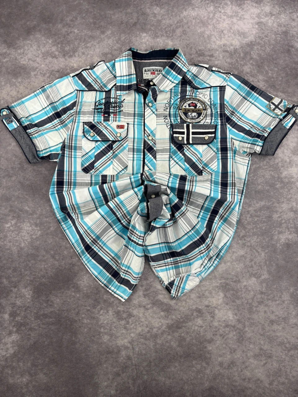 Geographical Norway Plaid Short Sleeve Shirt Xl Blue White Grey Streetwear Vintage