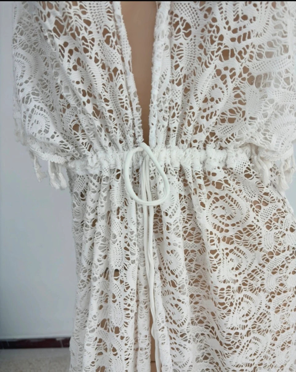 Sogno D Oro White Lace Beach Kaftan Dress Long Summer Cover Up Kimono Cardigan Tassel Size L🌺 – Sogno D'oro – taille L / 40 / 12 2