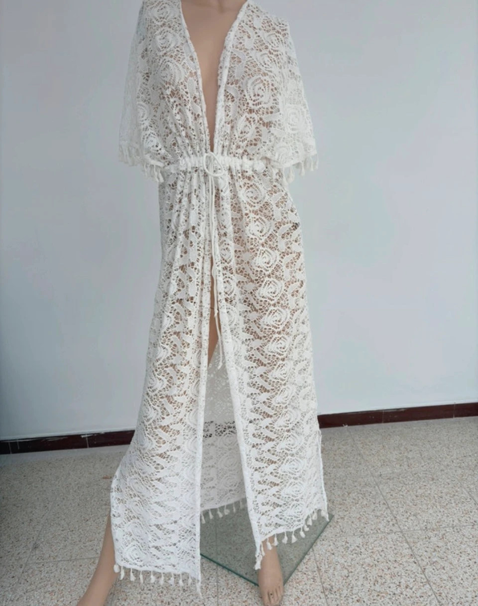 Sogno D Oro White Lace Beach Kaftan Dress Long Summer Cover Up Kimono Cardigan Tassel Size L🌺 – Sogno D'oro – taille L / 40 / 12