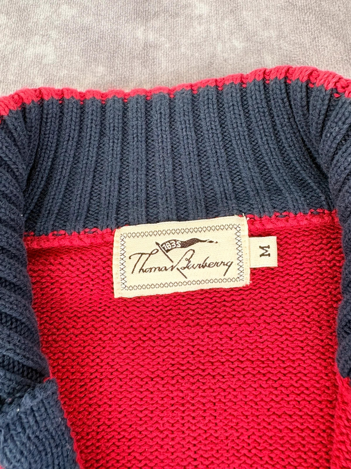 Thomas Burberry Quarter Zip Knit Sweater Red Blue Vintage Cotton Pullover Men Size M Warm Casual🌺 – Thomas Burberry – taille M 2