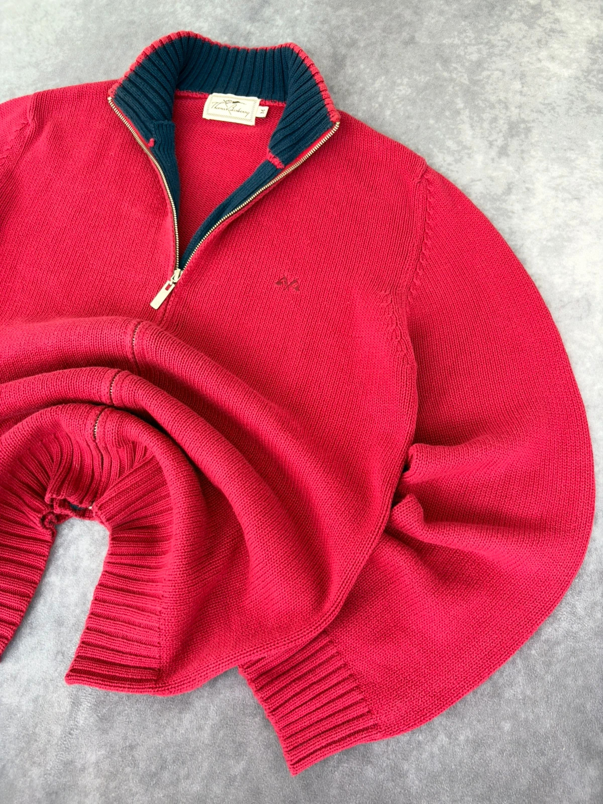 Thomas Burberry Quarter Zip Knit Sweater Red Blue Vintage Cotton Pullover Men Size M Warm Casual🌺 – Thomas Burberry – taille M 5