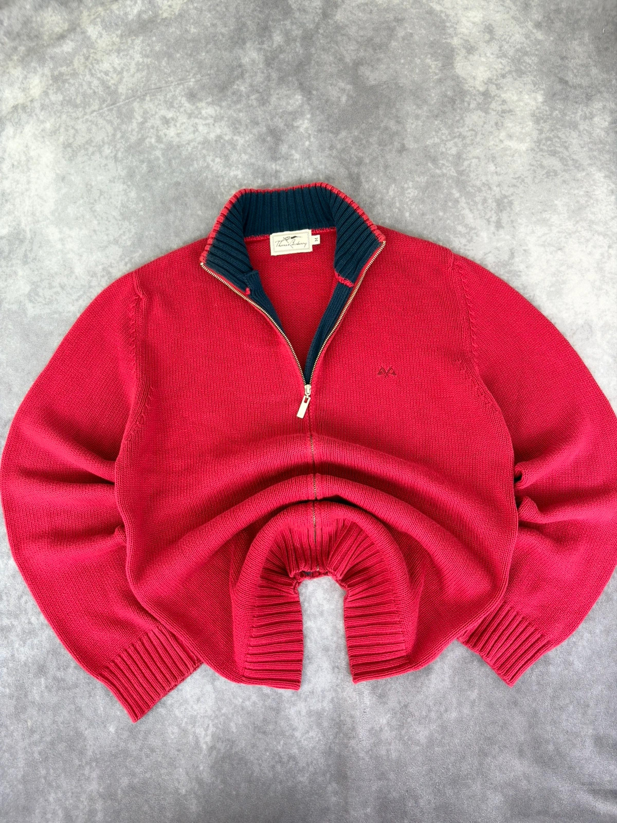 Thomas Burberry Quarter Zip Knit Sweater Red Blue Vintage Cotton Pullover Men Size M Warm Casual🌺