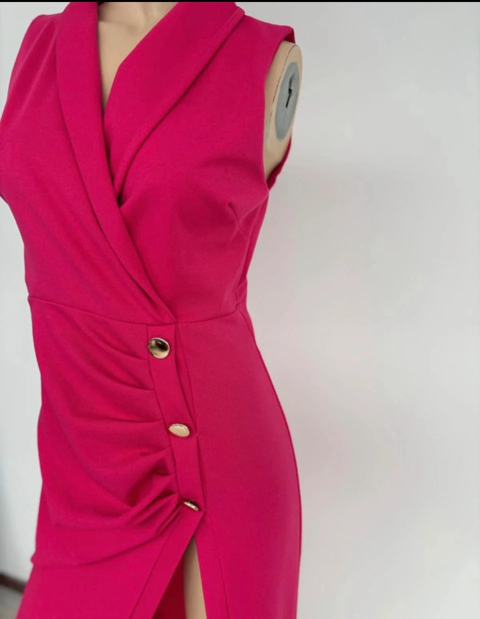 Fuchsia Pink Wrap Midi Dress Sleeveless Gold Buttons High Slit Elegant Party Wedding Women S🌺 – Vintage Dressing – taille Taille unique 2