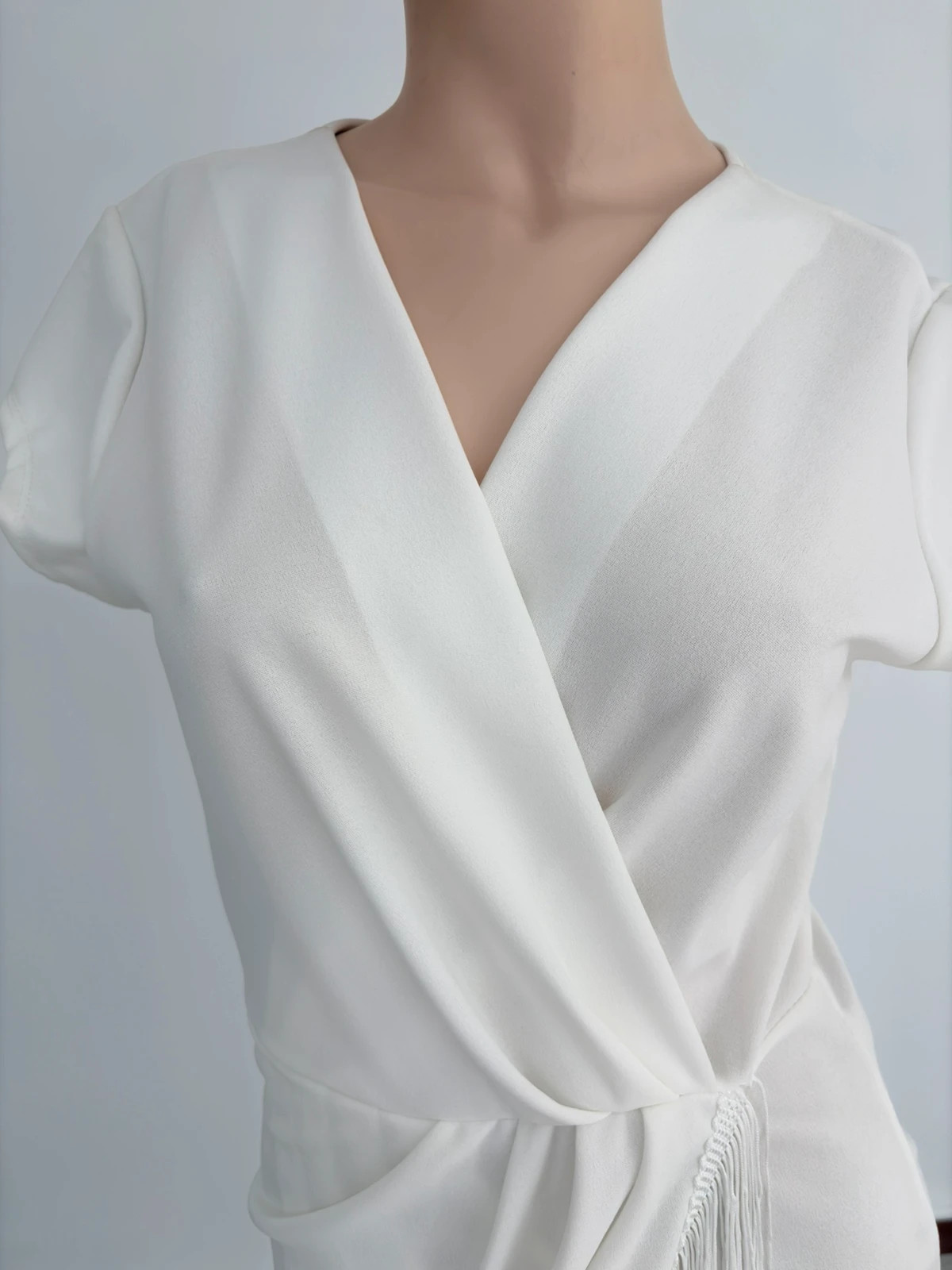 Elegant White Wrap Dress With Fringe Details V Neck Short Sleeve Cocktail Wedding Party M🌺 – Vintage Dressing – taille M / 38 / 10 3
