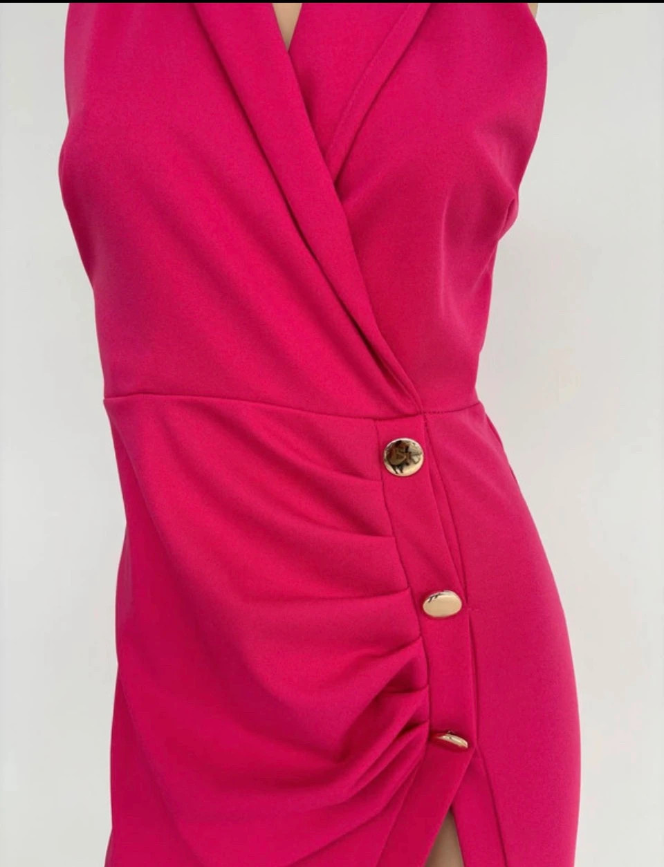 Fuchsia Pink Wrap Midi Dress Sleeveless Gold Buttons High Slit Elegant Party Wedding Women S🌺 – Vintage Dressing – taille Taille unique 3