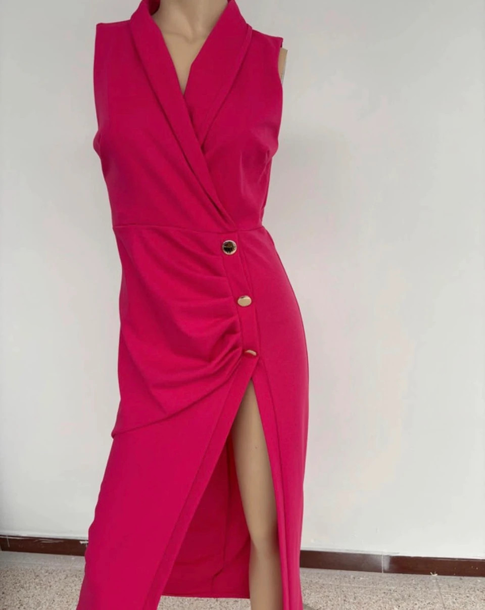 Fuchsia Pink Wrap Midi Dress Sleeveless Gold Buttons High Slit Elegant Party Wedding Women S🌺 – Vintage Dressing – taille Taille unique