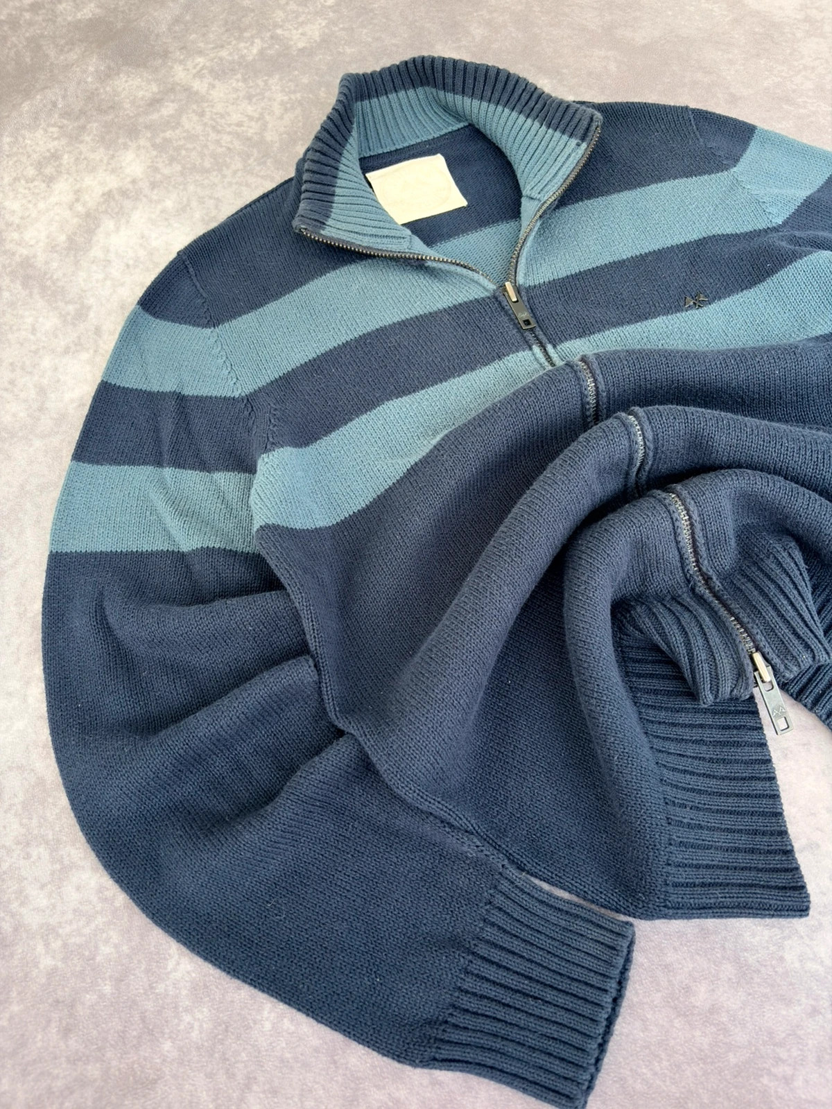 Thomas Burberry Mens Striped Knit Sweater Quarter Zip Navy Blue Light Blue Pullover Size L🌺 – Thomas Burberry – taille L 2