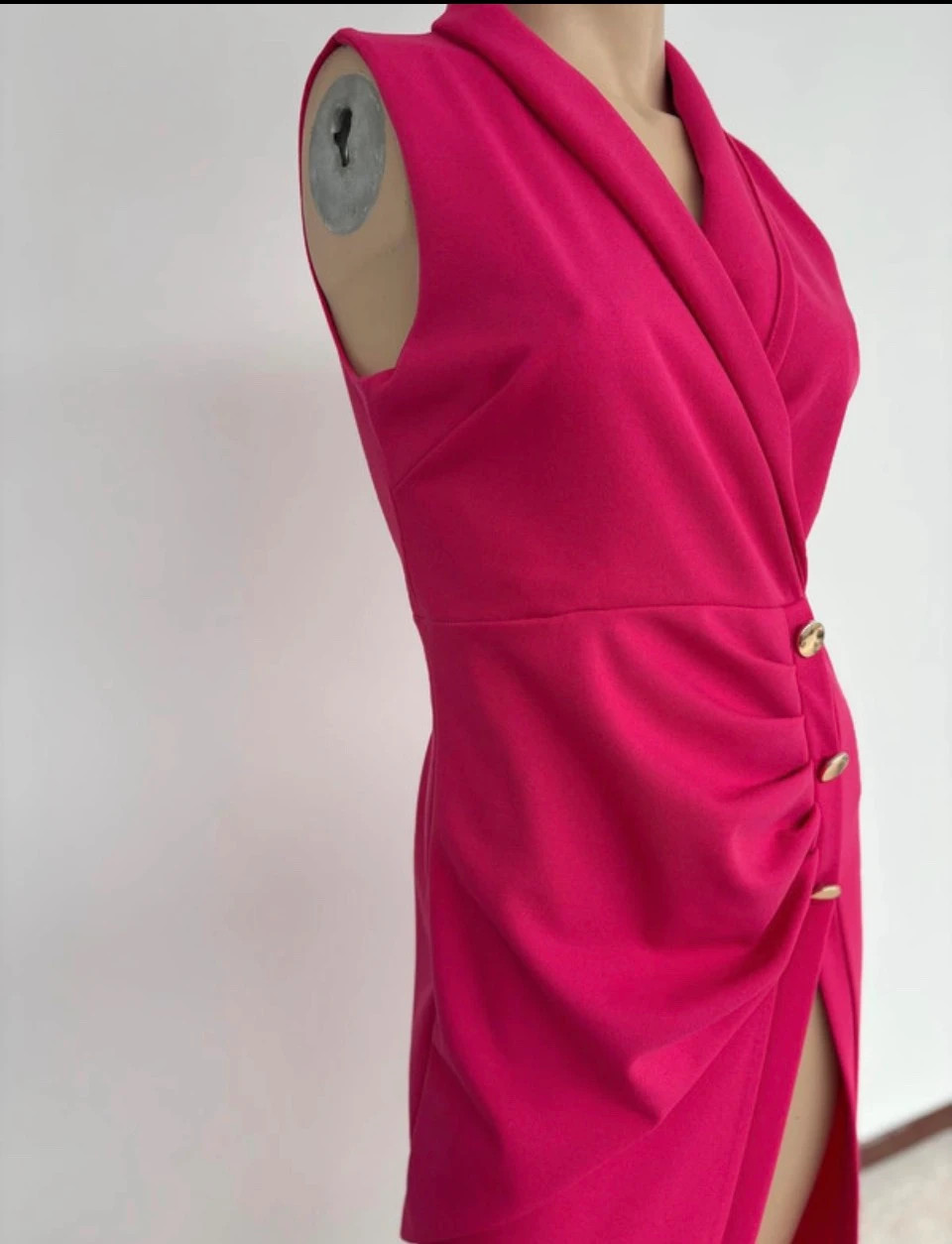Fuchsia Pink Wrap Midi Dress Sleeveless Gold Buttons High Slit Elegant Party Wedding Women S🌺 – Vintage Dressing – taille Taille unique 4