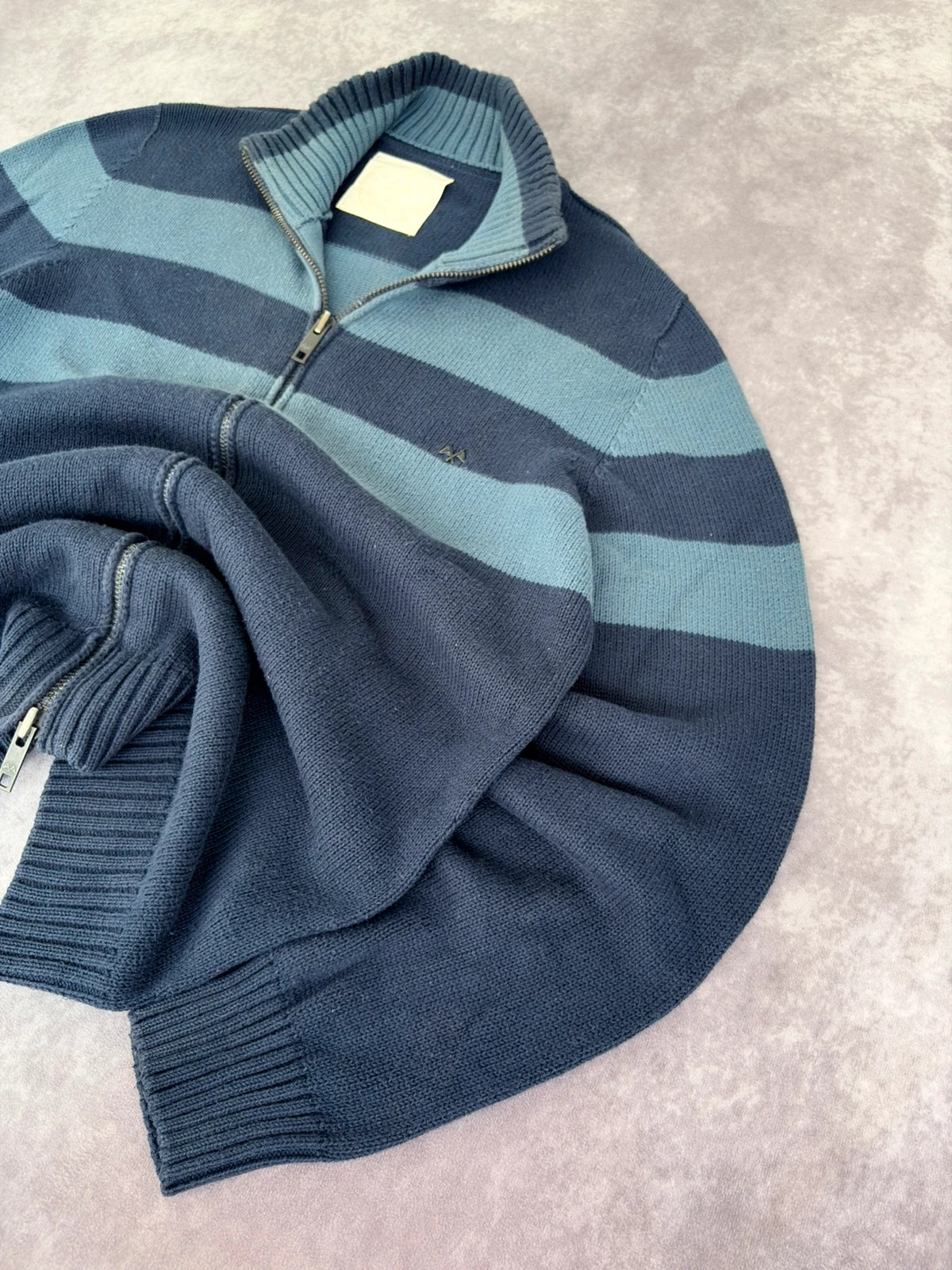 Thomas Burberry Mens Striped Knit Sweater Quarter Zip Navy Blue Light Blue Pullover Size L🌺 – Thomas Burberry – taille L 3