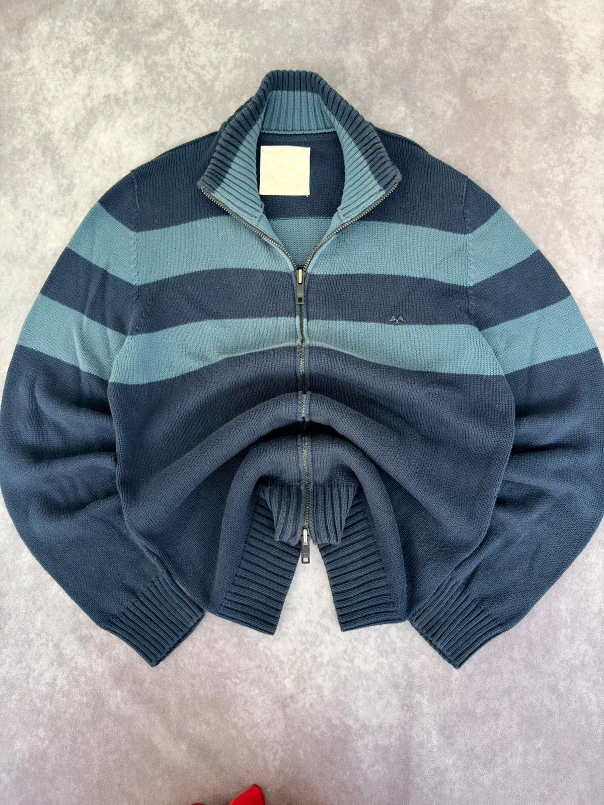 Thomas Burberry Mens Striped Knit Sweater Quarter Zip Navy Blue Light Blue Pullover Size L🌺