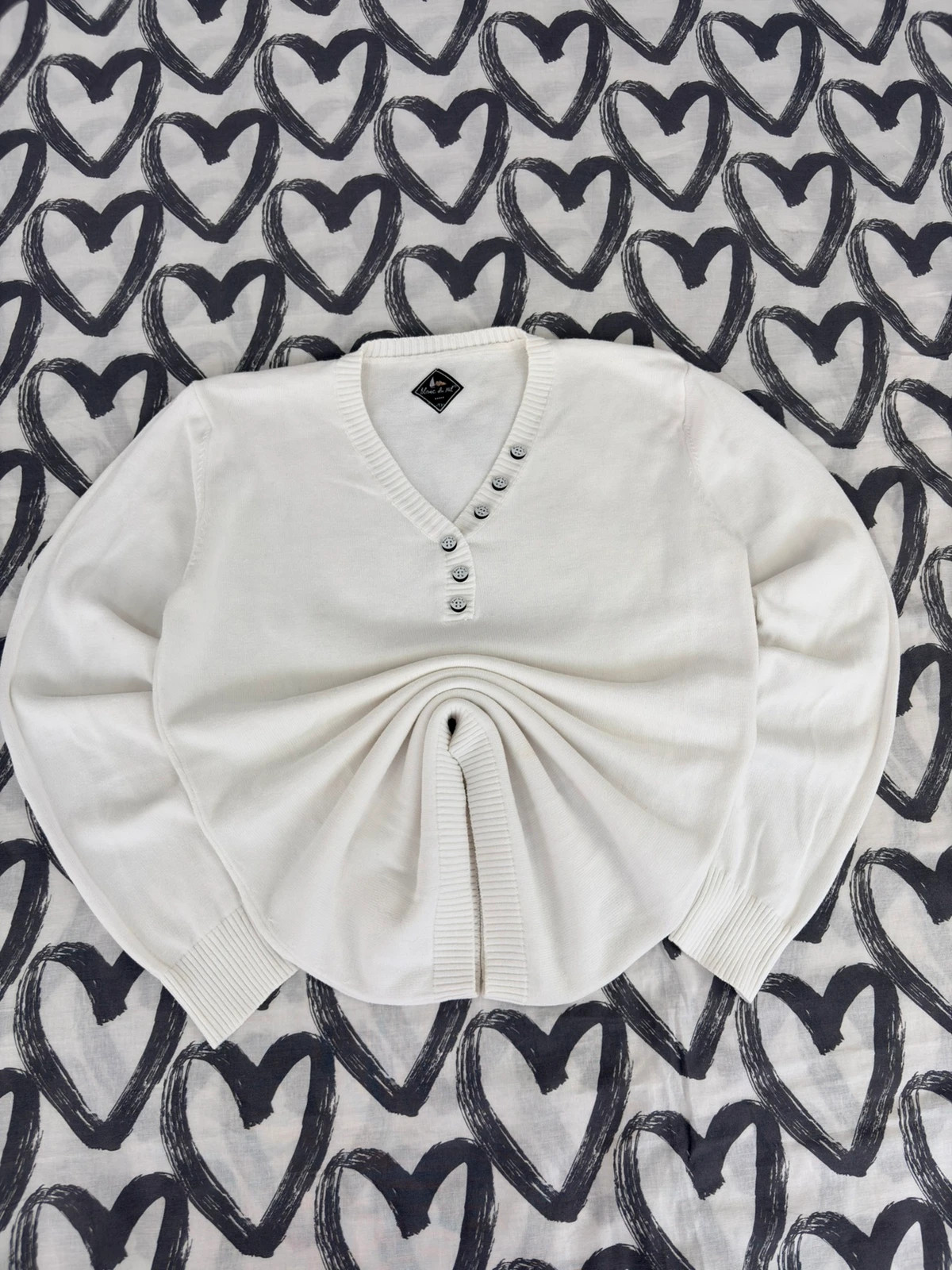 Blanc du Nil White Henley Knit Sweater V Neck Buttoned Jumper Lightweight Top Casual M L🌺