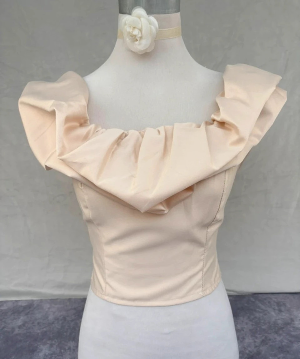 Beige Cream Corset Top Off Shoulder Ruffle Satin Blouse Elegant Party Wedding Chic Women S🌺 – Vintage Dressing – taille S / 36 / 8