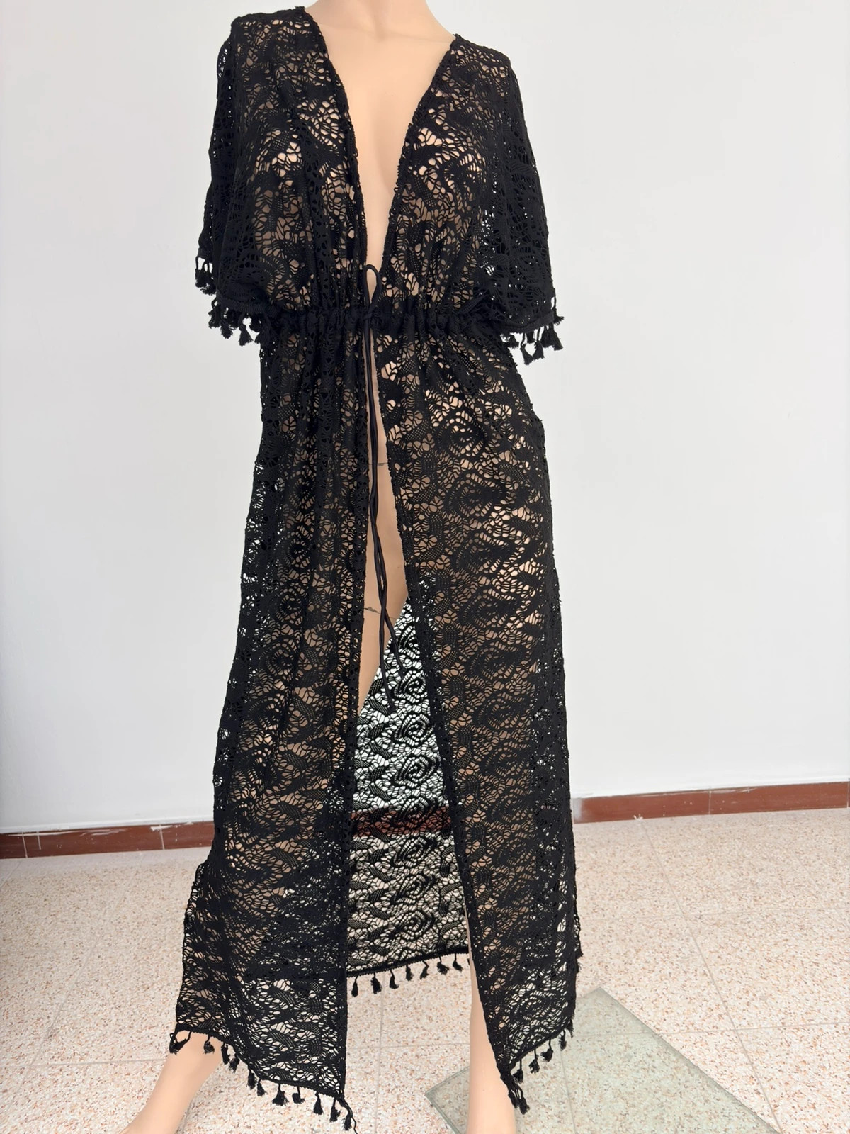 Lace Boho Long Cardigan Kimono Beach Cover Up Robe Black Size S Crochet Style Goth🌺