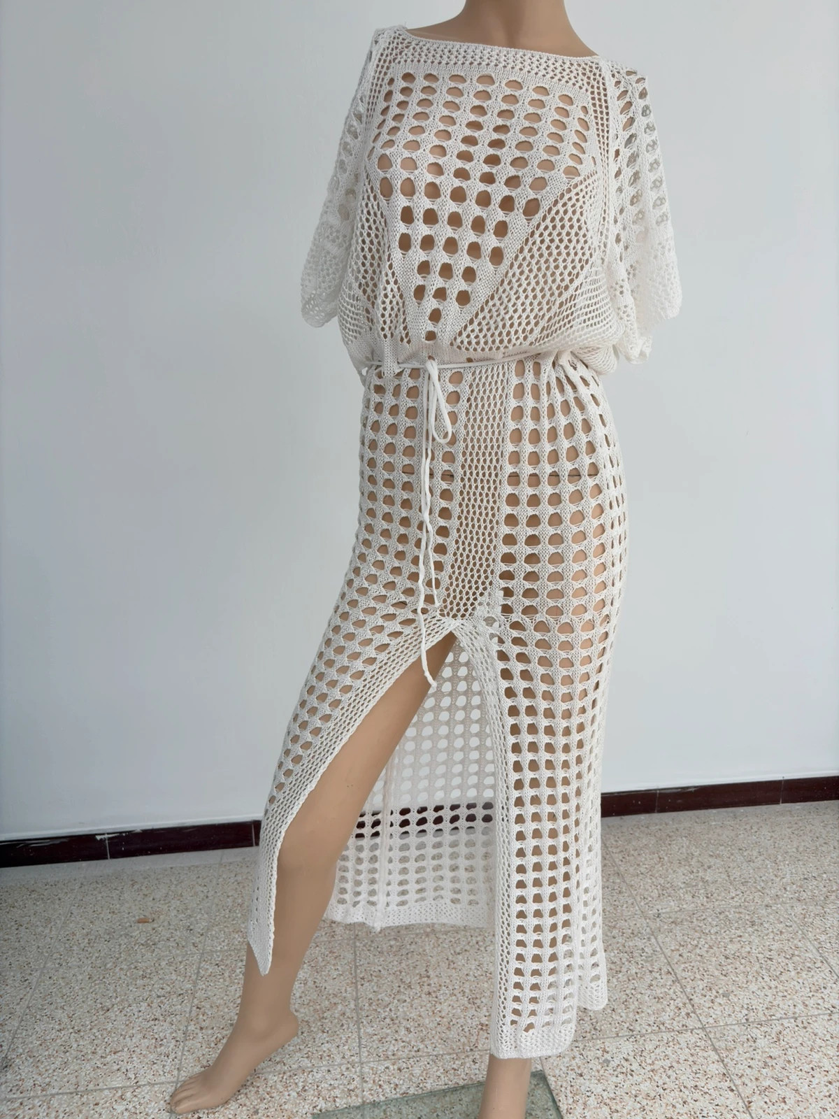 White Crochet Beach Dress Long Maxi Knit Hollow Out Summer Swim Cover Up Ibiza Festival Trendy🌺 – Vintage Dressing – taille M / 38 / 10 2