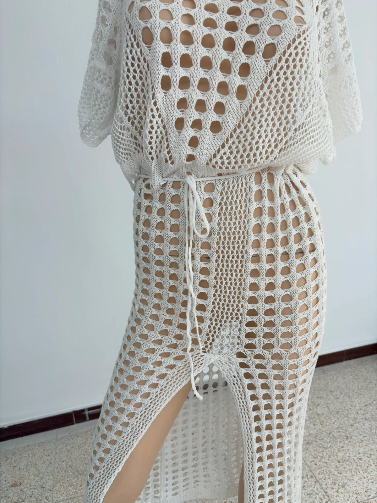 White Crochet Beach Dress Long Maxi Knit Hollow Out Summer Swim Cover Up Ibiza Festival Trendy🌺 – Vintage Dressing – taille M / 38 / 10 3