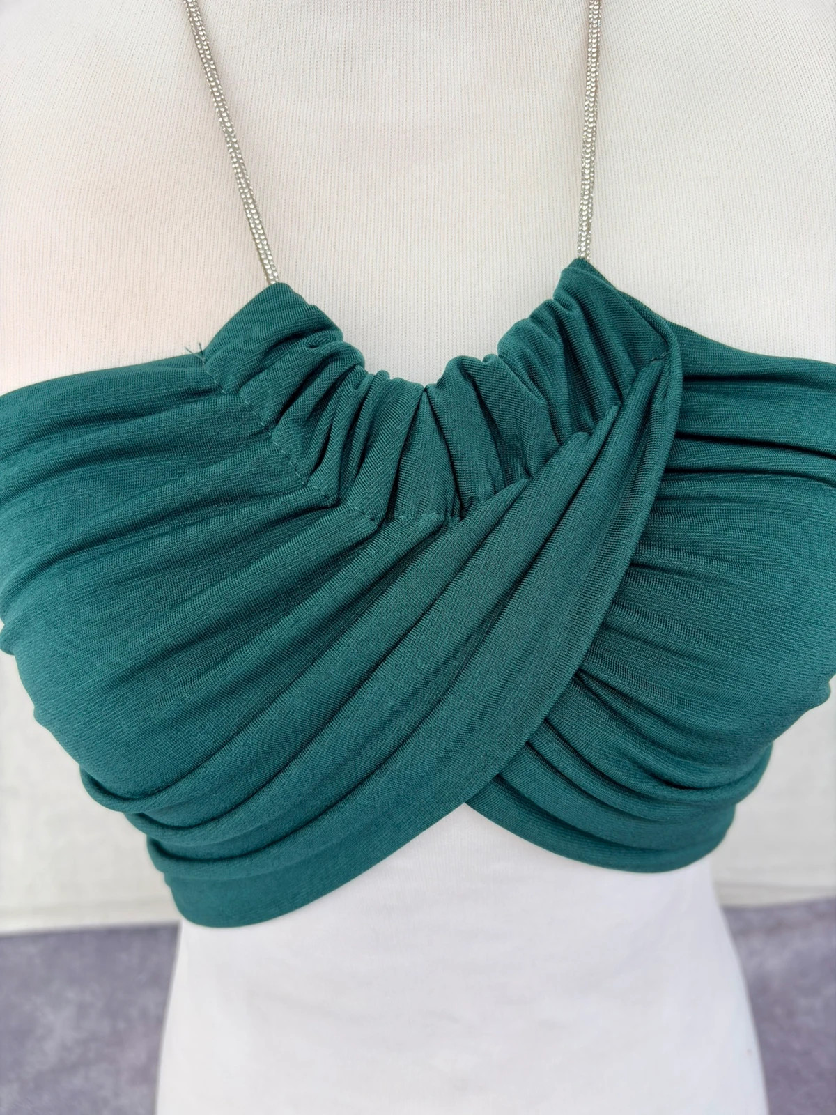 Dark Green Crossover Halter Crop Top Rhinestone Chain Straps Ruched Party Evening Clubwear Blouse🌺 – Vintage Dressing – taille Taille unique 2