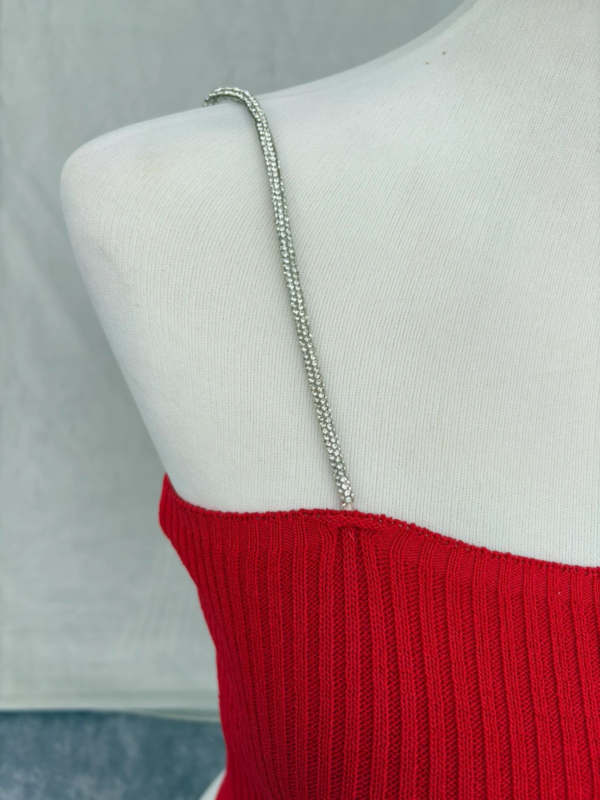 Red Ribbed Crop Top Rhinestone Diamond Straps Sparkly Party Cami Tank Blouse Evening Clubwear🌺 – Vintage Dressing – taille Taille unique 2