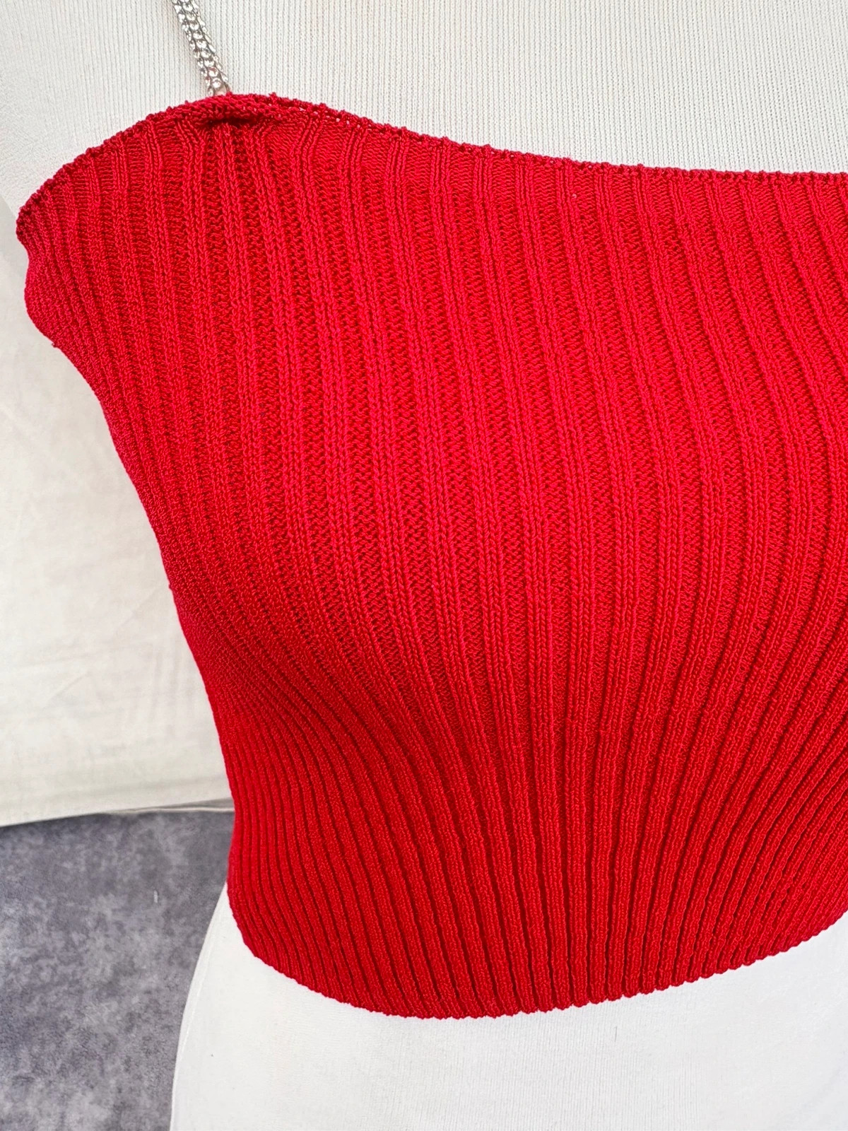 Red Ribbed Crop Top Rhinestone Diamond Straps Sparkly Party Cami Tank Blouse Evening Clubwear🌺 – Vintage Dressing – taille Taille unique 3