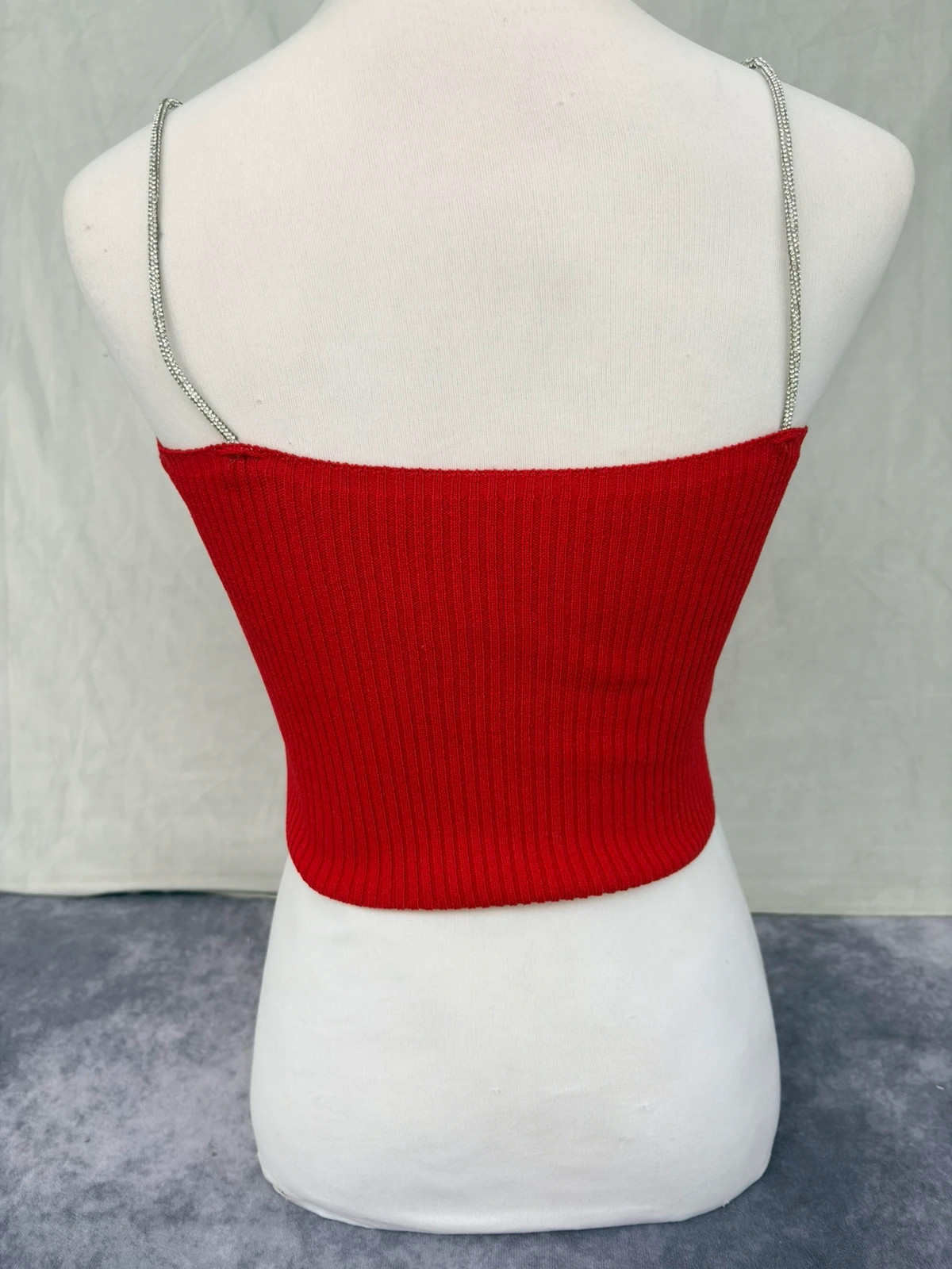 Red Ribbed Crop Top Rhinestone Diamond Straps Sparkly Party Cami Tank Blouse Evening Clubwear🌺 – Vintage Dressing – taille Taille unique 4