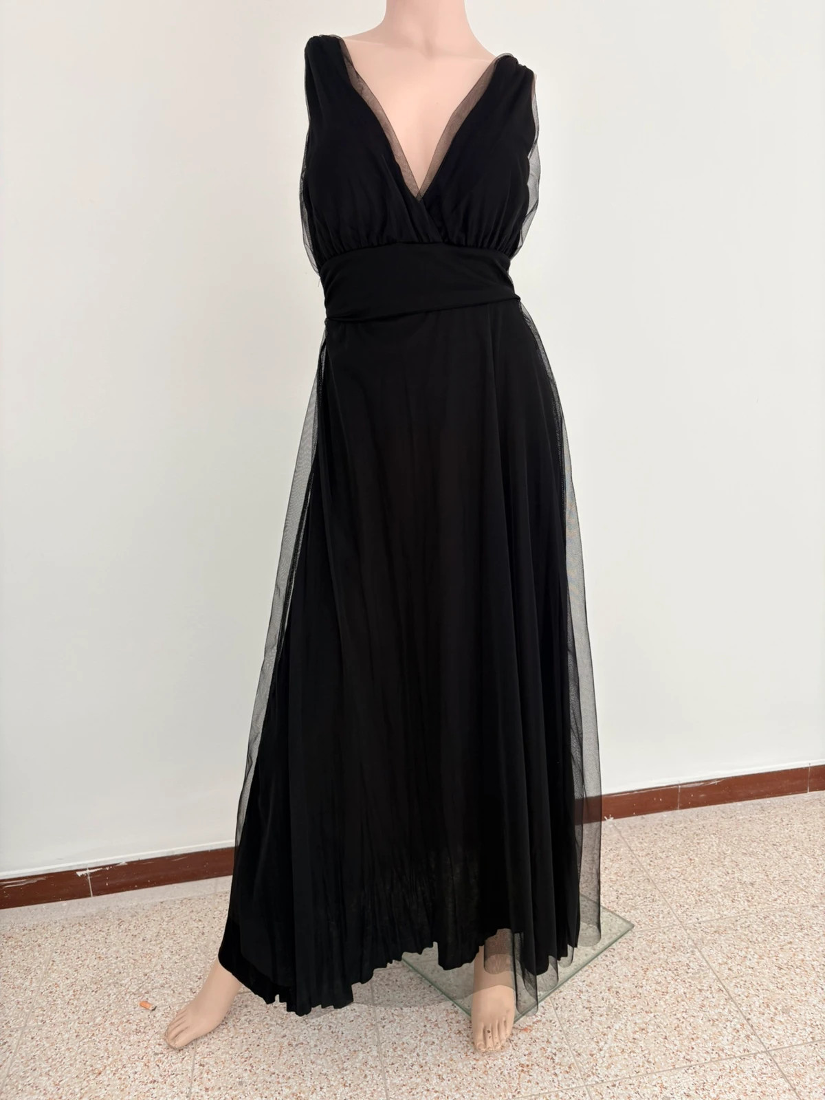 Black Elegant Maxi Evening Dress Prom Party Wedding Guest Tulle Gown Floor Length Pleated🌺 – Vintage Dressing – taille Taille unique