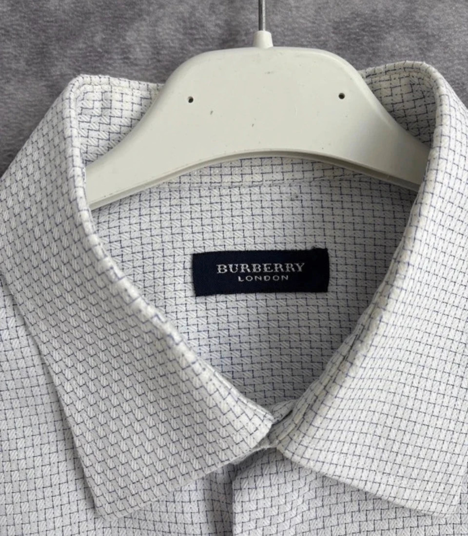 Burberry London Mens Premium Grid Pattern Casual Formal Cotton Dress Shirt Off White Blue Medium🌺 – Burberry – taille M 5