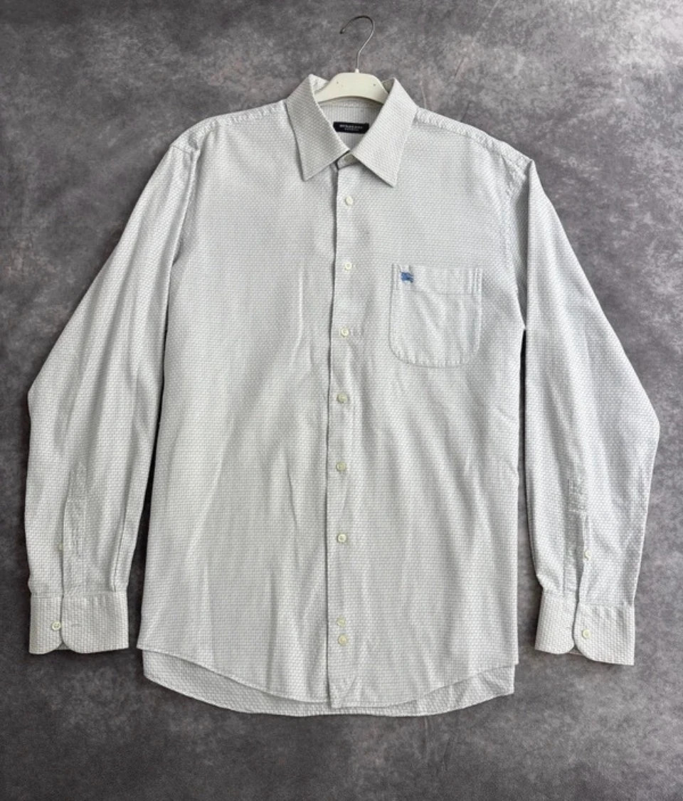 Burberry London Mens Premium Grid Pattern Casual Formal Cotton Dress Shirt Off White Blue Medium🌺